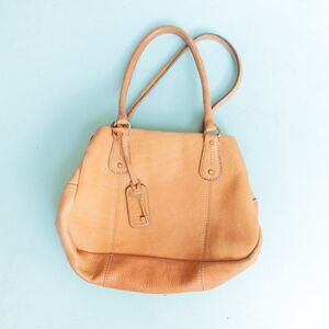 Fossil Camel Tan Genuine Leather Patina Double Top Handle Shoulder Bag Purse